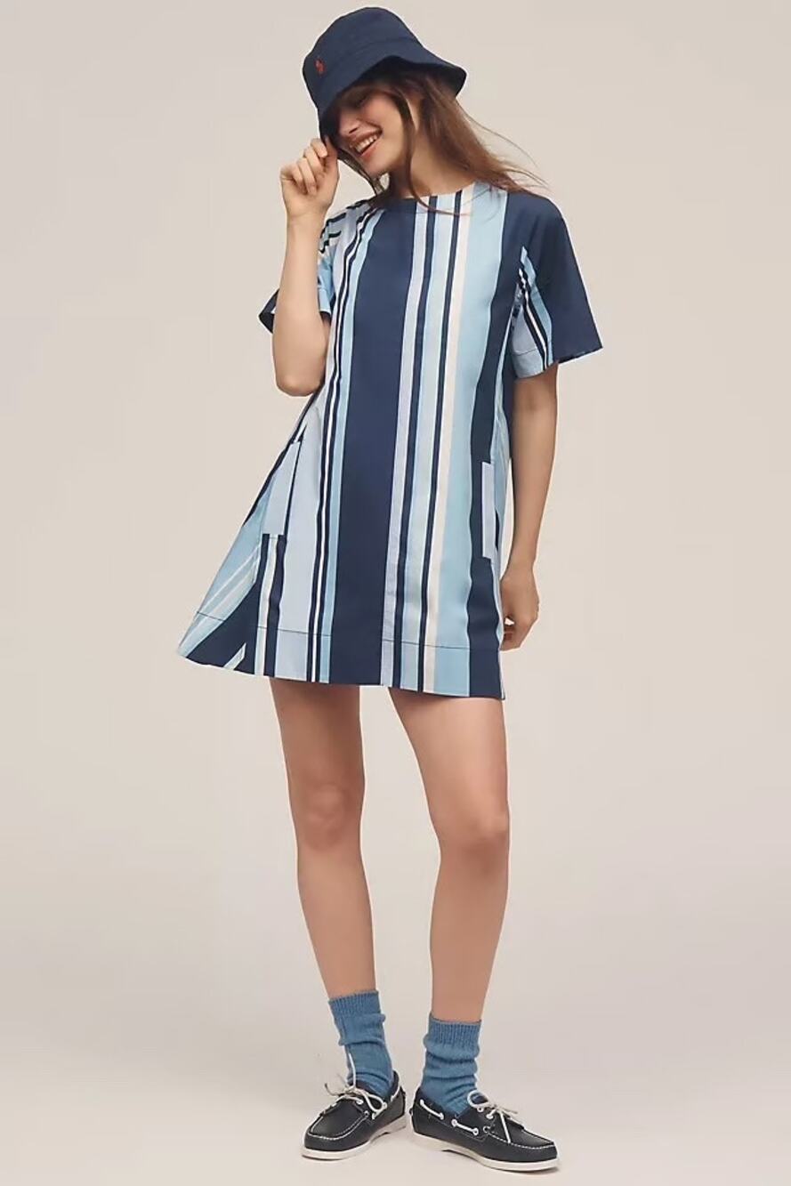 Anthropologie Maeve The Emmy Short-Sleeve Swing Mini Tunic Dress Retro Pockets